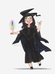  1girl artist_name black_cape black_footwear black_headwear black_robe brown_eyes brown_hair cape constellation_print crystal dated floating full_body glasses hat highres looking_at_viewer original porforever simple_background solo white_background witch witch_hat 