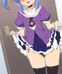  1girl :d ass_visible_through_thighs black_choker black_legwear black_panties blue_hair blurry blurry_background blush choker commentary_request depth_of_field door fang frilled_skirt frills head_out_of_frame kurobane_alice lifted_by_self momio open_mouth panties puffy_short_sleeves puffy_sleeves purple_shirt purple_skirt sailor_collar shadowverse_(anime) shirt short_sleeves side-tie_panties sidelocks skirt skirt_lift smile solo standing thigh-highs twintails underwear white_sailor_collar wrist_cuffs 