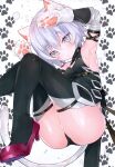  1girl :o absurdres animal_ear_fluff animal_ears armpits arms_up ass bandaged_arm bandages bangs black_footwear black_legwear black_panties black_shirt blush boots breasts cat_ears cat_girl cat_tail eyebrows_visible_through_hair fate/apocrypha fate/grand_order fate_(series) feet_out_of_frame gloves grey_background grey_eyes hair_between_eyes highres jack_the_ripper_(fate/apocrypha) kemonomimi_mode knees_together_feet_apart panties parted_lips paw_background paw_gloves paws scar scar_across_eye scar_on_cheek scar_on_face shirt sideboob silver_hair sleeveless sleeveless_shirt small_breasts solo suzuho_hotaru tail thigh-highs thigh_boots twitter_username underwear white_gloves 