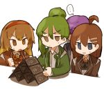  ... 2boys 2girls ahoge blue_eyes brown_eyes brown_hair brown_jacket brown_ribbon closed_mouth collared_shirt eyebrows_visible_through_hair green_hair green_jacket hair_ornament hairclip headband highres hod_(lobotomy_corporation) house_of_cards jacket library_of_ruina long_hair long_sleeves malkuth_(lobotomy_corporation) multiple_boys multiple_girls netzach_(lobotomy_corporation) nonga open_clothes open_collar open_jacket open_mouth orange_ribbon purple_hair purple_jacket red_headband ribbon shirt short_sleeves speech_bubble suit_jacket sweat white_shirt yesod_(lobotomy_corporation) 