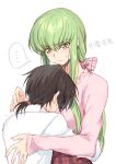  ... 1boy 1girl bangs black_hair blush breasts c.c. closed_mouth code_geass code_geass:_fukkatsu_no_lelouch creayus eyebrows_visible_through_hair green_hair hug lelouch_lamperouge long_hair long_sleeves looking_at_another low_ponytail pink_shirt ponytail ribbon shirt short_hair simple_background sweat white_background white_shirt wing_collar yellow_eyes 