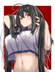  1girl absurdres agachi_(shunya12300724) ahoge arm_behind_head azur_lane border breasts closed_mouth hair_between_eyes hair_down hand_in_hair highres large_breasts long_hair looking_at_viewer navel outside_border red_background red_eyes school_uniform serafuku short_sleeves simple_background smile solo taihou_(azur_lane) undersized_clothes very_long_hair white_border 