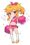  1boy artist_name bangs blonde_hair blush brown_eyes cheerleader closed_mouth crossdressinging eyelashes fa8072 full_body hair_ribbon hand_up high_ponytail holding holding_pom_poms kneehighs knees link long_hair male_focus miniskirt navel pink_skirt pleated_skirt pointy_ears pom_poms ribbon shiny shiny_skin shoes skirt solo standing star_(symbol) sweatdrop symbol_commentary the_legend_of_zelda white_legwear 