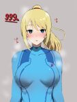  1girl aqua_eyes bangs blonde_hair blush bodysuit breasts bright_pupils collarbone eyebrows_visible_through_hair grey_background high_ponytail highres large_breasts long_hair looking_at_viewer metroid mole mole_under_mouth nishikino_kee parted_lips ponytail samus_aran simple_background skin_tight solo steaming_body super_smash_bros. translation_request zero_suit 