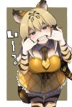  1girl animal_ears animal_print black_hair blonde_hair blue_eyes bodystocking cat_girl collared_shirt commentary_request corset empty_eyes eyebrows_visible_through_hair fangs finger_in_mouth frilled_skirt frills hair_between_eyes hands_up head_tilt kemono_friends leaning_forward long_sleeves looking_at_viewer machiko_(kama425) medium_hair miniskirt mouth_pull multicolored_hair necktie scabbard sheath sheathed shirt short_over_long_sleeves short_sleeves skirt smilodon_(kemono_friends) solo sword tail teeth weapon white_hair wing_collar 