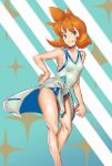  1girl absurdres breasts feet_out_of_frame fleyr green_eyes hand_on_hip highres holding holding_poke_ball misty_(pokemon) one-piece_swimsuit orange_hair parted_lips poke_ball pokemon pokemon_(game) pokemon_hgss short_hair small_breasts smile solo swimsuit white_swimsuit 