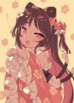  1girl :d animal_ears bangs bare_shoulders blade_(galaxist) blush brown_background brown_hair cat_ears cat_girl cat_tail duplicate eyebrows_visible_through_hair fang floral_background floral_print flower hair_flower hair_ornament hands_up long_hair long_sleeves looking_at_viewer multicolored_hair multiple_tails nekoyama_nae open_mouth paw_pose pink_hair pink_sleeves print_sleeves red_eyes red_flower short_eyebrows smile solo tail thick_eyebrows toranoana two-tone_hair two_tails very_long_hair virtual_youtuber wide_sleeves 