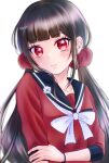  1girl bangs blunt_bangs blush brown_hair closed_mouth collarbone commentary_request dangan_ronpa_(series) dangan_ronpa_v3:_killing_harmony eyebrows_visible_through_hair grey_background hair_ornament harukawa_maki highres long_hair long_sleeves looking_at_viewer low_twintails mole mole_under_eye red_eyes red_scrunchie red_shirt sailor_collar satori_(blueinc324) scrunchie shiny shiny_hair shirt solo twintails upper_body white_background 