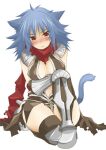  1girl :&lt; animal_ears armor armored_boots assassin_cross_(ragnarok_online) bangs black_cape black_gloves black_legwear black_shirt blue_hair blush boots breasts cape cat_ears cat_tail closed_mouth commentary_request elbow_gloves eremes_guile eyebrows_visible_through_hair full_body gauntlets genderswap genderswap_(mtf) gloves hair_between_eyes high_heel_boots high_heels kneehighs kneeling long_hair looking_at_viewer medium_breasts nose_blush pauldrons ragnarok_online red_eyes red_scarf revealing_clothes scarf shirt shoulder_armor simple_background solo sptbird tail torn_cape torn_clothes torn_scarf waist_cape white_background 