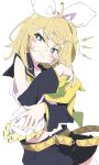  1girl black_sailor_collar black_shorts blonde_hair blue_eyes blush blush_stickers closed_mouth detached_sleeves hairband ixy kagamine_rin midriff navel sailor_collar short_hair shorts simple_background solo symbol_commentary vocaloid white_background white_hairband 
