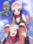  2girls bare_arms beanie black_hair blue_eyes blush boots carrying closed_eyes clouds hikari_(pokemon) eyelashes female_protagonist_(pokemon_legends:_arceus) from_below gen_4_pokemon gen_7_pokemon hair_ornament hairclip hat head_scarf highres katwo kneehighs long_hair multiple_girls open_mouth pokemon pokemon_(game) pokemon_dppt pokemon_legends:_arceus rowlet scarf shoulder_carry sidelocks sky sleeveless smile starter_pokemon sweatdrop tongue turtwig white_headwear |d 