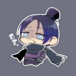  1girl apex_legends bangs black_gloves black_hair black_scarf blue_eyes bungaw chibi crossed_arms frown gloves grey_background hair_behind_ear hair_bun looking_down parted_bangs scarf shaded_face solo upper_body wraith_(apex_legends) 