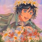  1boy 31musketeers androgynous bangs black_hair blue_eyes blue_hair blurry blurry_background bouquet bow braid cape collared_cape collared_shirt flower genshin_impact gradient_hair highres looking_at_viewer male_focus multicolored_hair open_mouth red_flower shirt short_hair_with_long_locks simple_background smile solo twin_braids venti_(genshin_impact) white_flower white_shirt wreath 