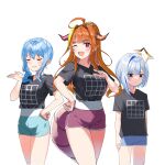 3girls absurdres ahoge amane_kanata black_shirt blue_hair blush_stickers breast_envy breasts closed_eyes commentary_request dolphin_shorts fang flat_chest hand_on_hip highres hololive horns hoshimachi_suisei illusion_grid_t-shirt kiryu_coco large_breasts long_hair multiple_girls nonbire one_eye_closed orange_hair shirt short_hair shorts simple_background skin_fang t-shirt tail tented_shirt white_background