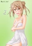  1girl ^^^ anti_(untea9) bare_shoulders commentary_request double_bun flat_chest gradient gradient_background green_background highres kantai_collection light_brown_hair looking_at_viewer michishio_(kancolle) naked_towel open_mouth short_twintails sitting solo towel twintails yellow_eyes 