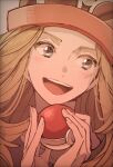  1girl :d blush commentary_request eyelashes eyewear_on_headwear grey_eyes hands_up hat holding holding_poke_ball long_hair looking_to_the_side omyo_(myomyomyo22) open_mouth poke_ball poke_ball_(basic) pokemon pokemon_(game) pokemon_xy serena_(pokemon) smile solo sunglasses teeth tongue 