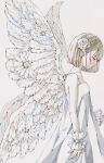  1girl bangs brown_hair dress feathered_wings flower hair_flower hair_ornament highres original pointy_ears profile rose short_hair solo toaruocha upper_body white_dress white_feathers white_flower white_rose white_theme white_wings wings 