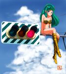  1girl animal_print bikini blue_eyes blue_sky blush chutohampa clouds cloudy_sky green_hair horns long_hair looking_at_viewer lum oni oni_horns outdoors print_bikini sky solo strapless strapless_bikini swimsuit tiger_print traffic_light urusei_yatsura 