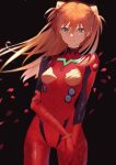  1girl absurdres bangs black_background blue_eyes bodysuit breasts closed_mouth cowboy_shot floating_hair gloves hair_between_eyes hair_ornament highres huge_filesize long_hair looking_at_viewer neon_genesis_evangelion number onene_(ban) orange_hair petals plugsuit red_bodysuit red_gloves shikinami_asuka_langley simple_background skin_tight small_breasts smile solo souryuu_asuka_langley 