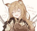  1girl :d ^_^ animal_ear_fluff animal_ears arknights bangs blush brown_background brown_dress brown_hair ceobe_(arknights) character_name closed_eyes dated dog_ears dress eyebrows_visible_through_hair facing_viewer fang hair_between_eyes heart long_hair nstlgie open_mouth signature sketch smile solo upper_body 