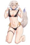  1girl animal_ears barefoot bikini black_bikini blue_eyes blush breasts collarbone commentary commission dog_ears dog_girl dog_tail english_commentary eyebrows_visible_through_hair full_body hair_between_eyes hair_ornament highres kneeling large_breasts leg_garter navel open_mouth original sarhce short_hair silver_hair simple_background smile solo star_(symbol) star_hair_ornament swimsuit tail teeth upper_teeth white_background 