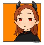  1girl 3: akai_sashimi black_horns border closed_mouth demon_horns dot_nose expressionless eyebrows hair_behind_ear half-closed_eyes horns light_brown_hair long_hair looking_at_viewer negative_space orange_background original outside_border pointy_ears portrait red_eyes signature simple_background solo tareme white_border 