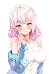  1girl bangs bare_shoulders blush breasts closed_mouth commission eyebrows_visible_through_hair highres large_breasts lillly looking_at_viewer original pink_eyes pink_hair shirt short_hair simple_background smile solo upper_body white_background white_shirt 