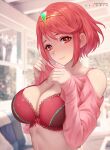  1girl azto_dio bra breasts closed_mouth commentary english_commentary headpiece highres indoors large_breasts long_hair looking_at_viewer patreon_username pyra_(xenoblade) red_bra red_eyes redhead short_hair smile solo underwear upper_body xenoblade_chronicles_(series) xenoblade_chronicles_2 