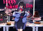 1girl bangs belt black_dress black_hair blue_eyes blue_hair blurry blurry_background bowl brown_coat chocolate_fountain closed_mouth coat colored_inner_hair dress earrings english_text flower fur-trimmed_coat fur_trim gift happy_valentine highres holding holding_gift jewelry kamitsubaki_studio koko_(kamitsubaki_studio) koko_virtual long_hair long_sleeves looking_at_viewer medium_dress multicolored_hair night off_shoulder open_clothes open_coat pencil_dress red_belt smile solo standing tiered_tray very_long_hair 