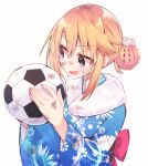  1girl ball bangs blonde_hair blue_kimono blush dirty dirty_clothes dirty_face dirty_hands eyelashes fate_(series) furisode hikawa_shou holding holding_ball idolmaster idolmaster_cinderella_girls japanese_clothes kimono looking_away nervous_smile open_mouth orange_hair print_kimono shirt short_hair side_bun sideways_glance simple_background soccer_ball solo sweatdrop upper_body violet_eyes white_background white_shirt yuuki_haru 