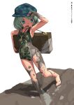  1girl barefoot camouflage camouflage_headwear dirty dirty_clothes dirty_feet green_eyes green_hair huxiao_(mistlakefront) mud solo swimsuit touhou yamashiro_takane 