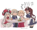  4girls :d ^_^ animal_ears apron asaya_minoru bangs black_dress black_legwear blue_dress brown_hair cat_ears character_request closed_eyes couch cropped_legs dress eyebrows_visible_through_hair fate/grand_order fate_(series) food frilled_hat frills gloves grey_hair grey_legwear hair_between_eyes hakama hands_together hat headpiece heart heart_hands japanese_clothes jeanne_d&#039;arc_(fate) jeanne_d&#039;arc_(fate)_(all) kimono koha-ace light_brown_hair long_hair maid maid_headdress marie_antoinette_(fate) multiple_girls okita_souji_(fate) okita_souji_(fate)_(all) omurice on_couch open_mouth own_hands_together palms_together pink_kimono profile puffy_short_sleeves puffy_sleeves red_dress red_gloves red_hakama red_headwear short_sleeves simple_background sitting smile table thigh-highs translation_request twintails twitter_username very_long_hair white_apron white_background wrist_cuffs |_| 