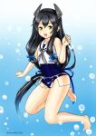  1girl air_bubble barefoot black_hair blue_swimsuit bubble eyebrows_visible_through_hair freediving full_body green_eyes grey_neckwear hair_between_eyes hair_ribbon headgear i-47_(kancolle) kantai_collection kudou_(ooabareteng) long_hair looking_at_viewer low-tied_long_hair name_tag neckerchief one-piece_swimsuit open_mouth ribbon sailor_collar sailor_shirt school_swimsuit see-through_skirt shirt skirt sleeveless sleeveless_shirt smile solo submerged swimming swimsuit swimsuit_under_clothes tress_ribbon twitter_username underwater white_sailor_collar 