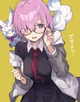  1girl animal_on_shoulder bangs black_dress blush collared_dress dress enomoto_hina fate/grand_order fate_(series) fou_(fate) glasses grey_jacket hair_over_one_eye hands_up jacket long_sleeves looking_at_viewer mash_kyrielight necktie open_mouth purple_hair red_neckwear simple_background smile solo upper_body violet_eyes yellow_background 