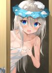  1girl bare_shoulders blue_eyes breasts collarbone hair_between_eyes highres kaguya-sama_wa_kokurasetai_~tensai-tachi_no_renai_zunousen~ kanaria_hisagi looking_at_viewer naked_towel open_mouth shirogane_kei silver_hair small_breasts soap_bubbles towel wet 