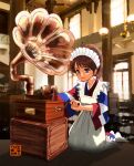  1girl apron brown_hair chutohampa frilled_apron frills indoors japanese_clothes kimono kneeling long_hair long_sleeves maid_headdress original phonograph ponytail print_kimono smile socks solo white_apron 