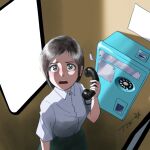  1girl blush brown_hair chutohampa collared_shirt grey_eyes holding holding_phone looking_at_viewer open_mouth original payphone phone phone_booth shadow shirt short_hair short_sleeves signature solo upper_body white_shirt 