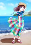 1girl beach blue_eyes blue_shirt blue_sky blurry blurry_background brown_hair chutohampa clouds cloudy_sky dress full_body hat horizon long_hair looking_at_viewer multicolored multicolored_clothes multicolored_dress one_eye_closed original pink_footwear shadow shirt short_sleeves signature sky smile solo standing water 