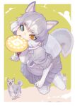  1girl action animal_ears blue_eyes commentary_request dog dog_(mixed_breed)_(kemono_friends) dog_ears dog_girl dog_tail don3 elbow_gloves extra_ears eyebrows_visible_through_hair fang frisbee fur_trim gloves grey_fur grey_jacket grey_skirt harness heterochromia jacket japari_symbol jumping kemono_friends midair pantyhose pleated_skirt short_sleeves skirt solo tail teeth vest white_gloves white_legwear white_vest yellow_eyes 