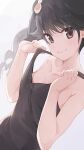  1girl araragi_karen bangs bare_shoulders black_eyes black_hair black_tank_top breasts closed_mouth collarbone commentary_request egg_hair_ornament eyebrows_visible_through_hair food_themed_hair_ornament grey_background hair_ornament highres hiroki_(yyqw7151) long_hair looking_at_viewer monogatari_(series) nisemonogatari side_ponytail simple_background small_breasts smile solo tank_top 