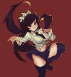  1girl arms_up black_legwear black_neckwear black_skirt breasts filia_(skullgirls) fleyr highres large_breasts leg_up looking_at_viewer midriff navel necktie parted_lips pleated_skirt prehensile_hair red_background red_eyes samson_(skullgirls) simple_background skirt skullgirls solo thick_thighs thigh-highs thighs 