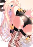  1girl abigail_williams_(fate) animal_ears ass back bangs bare_shoulders bent_over black_bow black_leotard blonde_hair blue_eyes bow breasts bunny_tail fate/grand_order fate_(series) fishnet_legwear fishnets forehead highres koji45hiro leotard long_hair looking_at_viewer looking_back multiple_bows orange_bow parted_bangs polka_dot polka_dot_bow rabbit_ears tail thighs tray 