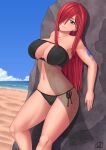  1girl arm_tattoo beach bikini black_bikini blue_sky breasts brown_eyes clouds commentary cowboy_shot day erza_scarlet fairy_tail flower hair_over_one_eye head_tilt highleg highleg_swimsuit large_breasts long_hair looking_at_viewer outdoors parted_lips redhead rock rocky-ace side-tie_bikini sky smile solo swimsuit tattoo turtleneck 