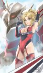  1girl 2021 arm_up blonde_hair breasts dated elbow_gloves eyebrows_visible_through_hair fate/grand_order fate_(series) gloves green_eyes highres keisuke_desu~ leotard looking_at_viewer mecha medium_breasts mordred_(fate) mordred_(fate)_(all) ponytail solo thigh-highs translation_request 