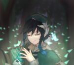  1boy androgynous bangs beret black_hair blue_hair blurry blurry_background bow braid cape closed_eyes closed_mouth collared_cape eyebrows_visible_through_hair flower forest frilled_sleeves frills genshin_impact gradient_hair green_headwear hair_flower hair_ornament hat highres holding holding_instrument instrument leaf long_sleeves lyre male_focus multicolored_hair nature night riniko shirt short_hair_with_long_locks smile solo twin_braids venti_(genshin_impact) white_flower white_shirt 