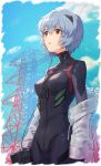  ayanami_rei black_bodysuit blue_hair blue_sky bodysuit breasts clouds collarbone cowboy_shot day drawstring earphones hair_ornament highres holding long_sleeves looking_afar looking_away makamati medium_breasts neon_genesis_evangelion number open_clothes open_mouth outdoors plugsuit power_lines red_eyes see-through short_hair skin_tight sky sony transmission_tower 