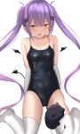  1girl absurdres bare_shoulders bibi_(tokoyami_towa) black_swimsuit breasts covered_navel demon_tail doyachii elbow_gloves gloves green_eyes highres hololive long_hair looking_at_viewer mini_wings no_shoes one-piece_swimsuit purple_hair simple_background sitting small_breasts solo spaghetti_strap swimsuit tail thigh-highs thighs tokoyami_towa twintails very_long_hair virtual_youtuber wariza white_background white_gloves white_legwear 