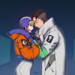  1boy 1girl apex_legends bailian black_eyes black_gloves black_hair blonde_hair blue_eyes blue_gloves blue_headwear bodysuit crypto_(apex_legends) from_side gloves green_sleeves hand_on_another&#039;s_face hetero highres hood hooded_jacket jacket looking_at_another looking_down looking_up orange_jacket partially_fingerless_gloves signature wattson_(apex_legends) white_bodysuit white_jacket 