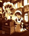  1girl apron chutohampa frilled_apron frills indoors kneeling long_hair long_sleeves maid_headdress monochrome original phonograph ponytail sepia smile solo white_apron 