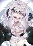  1girl abyssal_ship bikini black_bikini black_gloves braid breasts finger_in_mouth glasses gloves highres kantai_collection leaning_forward long_hair messy_hair ruohire9 sharp_teeth small_breasts solo_focus supply_depot_princess swimsuit tears teeth thigh_gap white_background white_hair 